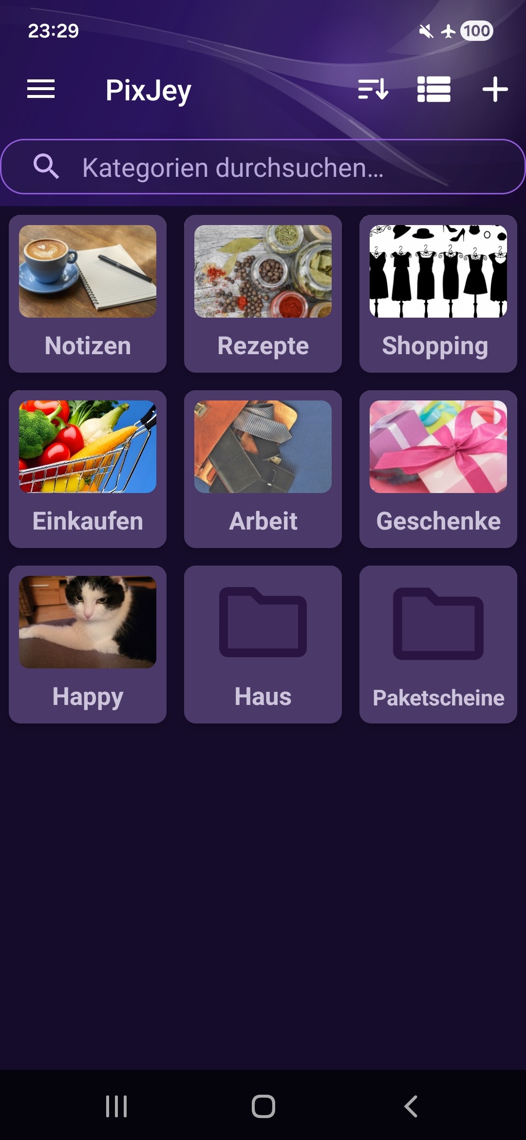 PixJey Kategorie&uuml;bersicht im klassischen Darktheme